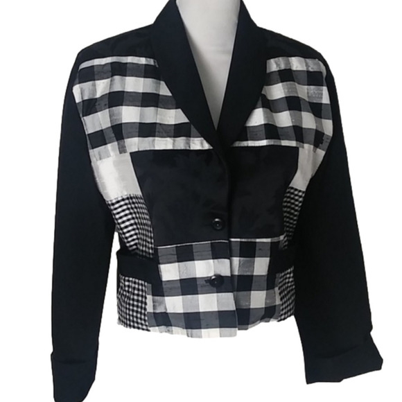 𝅺CONCINNO Black Checkered Shawl Collar Long Sleeve Button Front Blazer Jacket - Picture 1 of 15